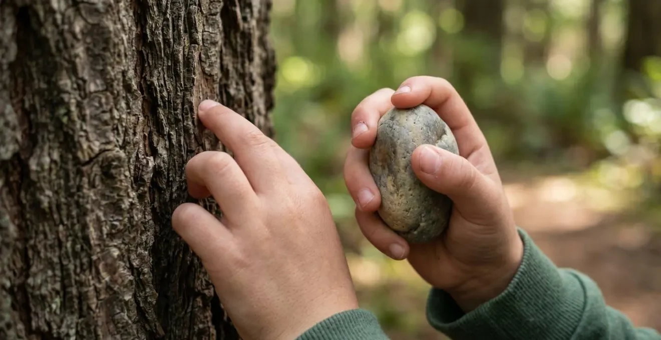 Gros plan sur les mains d'un enfant explorant différentes textures naturelles en forêt