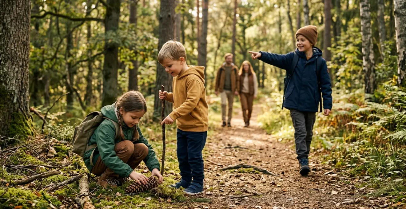 Des enfants explorant joyeusement un sentier forestier lors d'une balade familiale en pleine nature