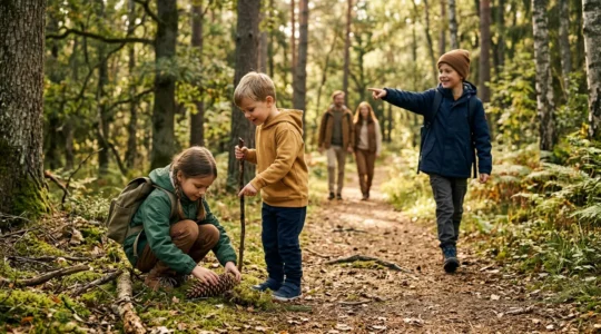 Des enfants explorant joyeusement un sentier forestier lors d'une balade familiale en pleine nature