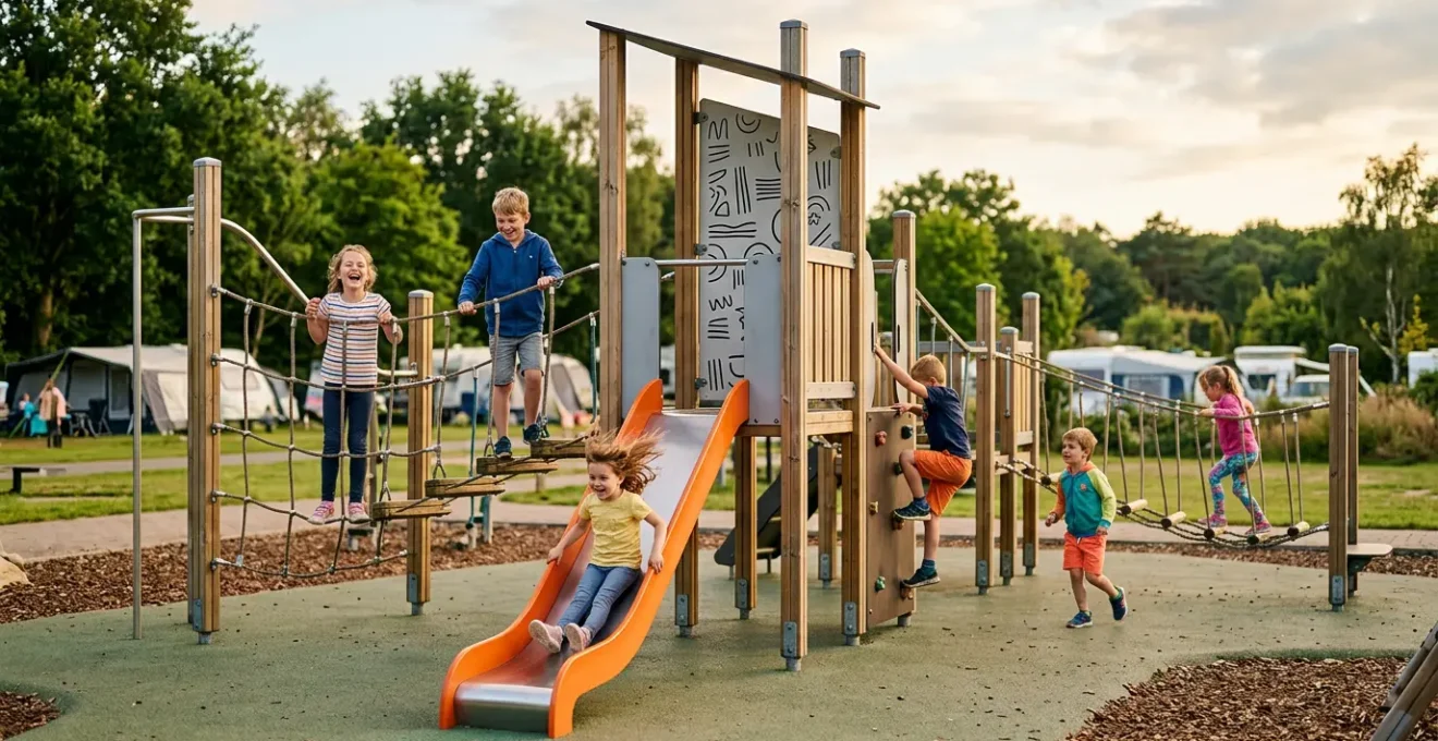 Enfants jouant joyeusement sur une aire de jeux colorée dans un camping ensoleillé