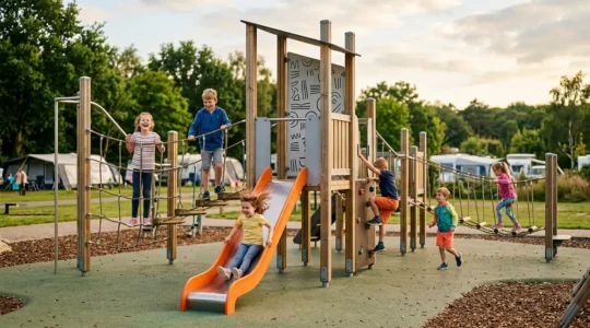 Enfants jouant joyeusement sur une aire de jeux colorée dans un camping ensoleillé