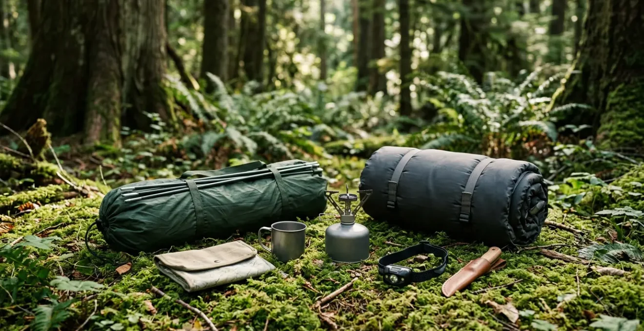 Équipements de camping essentiels disposés dans un environnement naturel