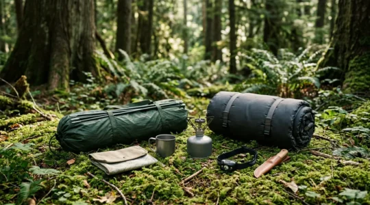 Équipements de camping essentiels disposés dans un environnement naturel