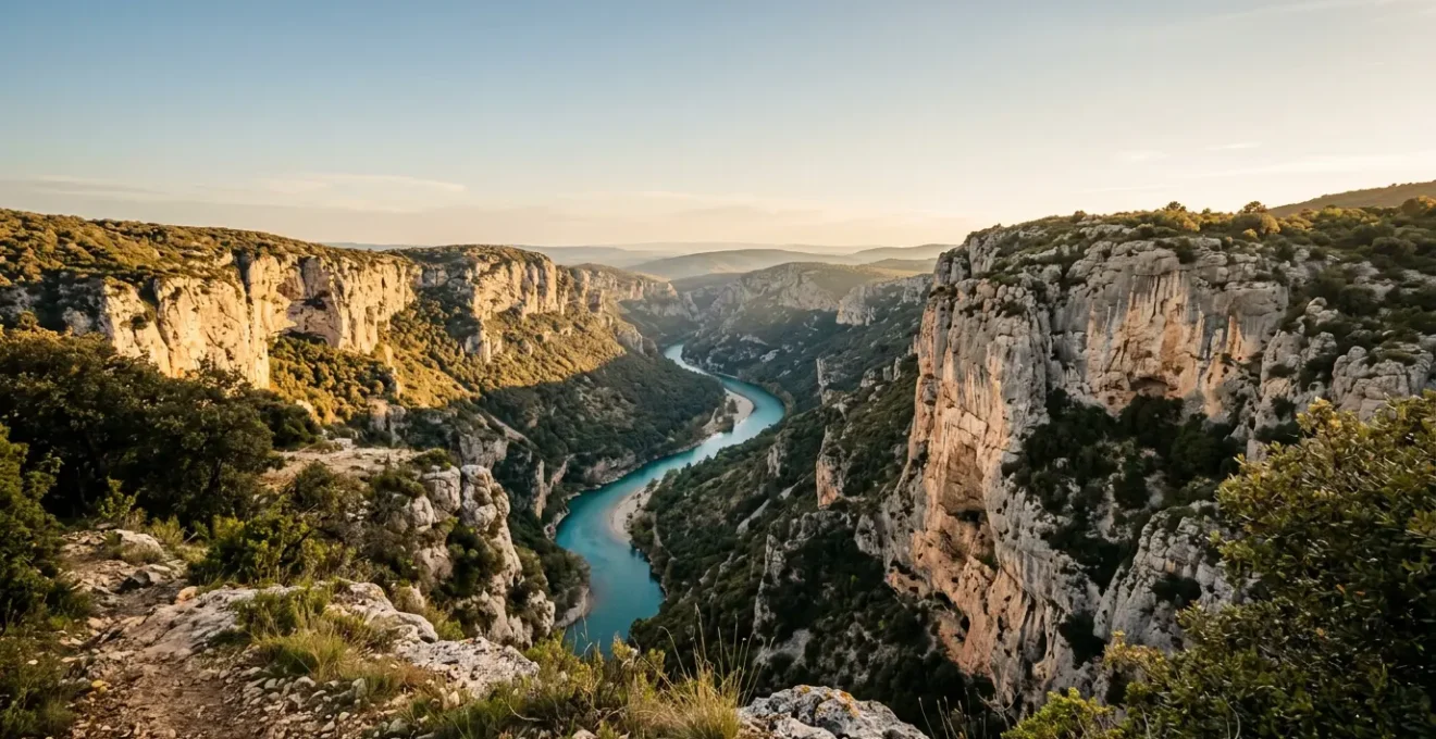 Vue panoramique des gorges de l'Ardèche avec falaises calcaires et eaux turquoise, perspective de randonnée
