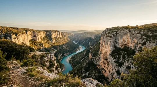 Vue panoramique des gorges de l'Ardèche avec falaises calcaires et eaux turquoise, perspective de randonnée