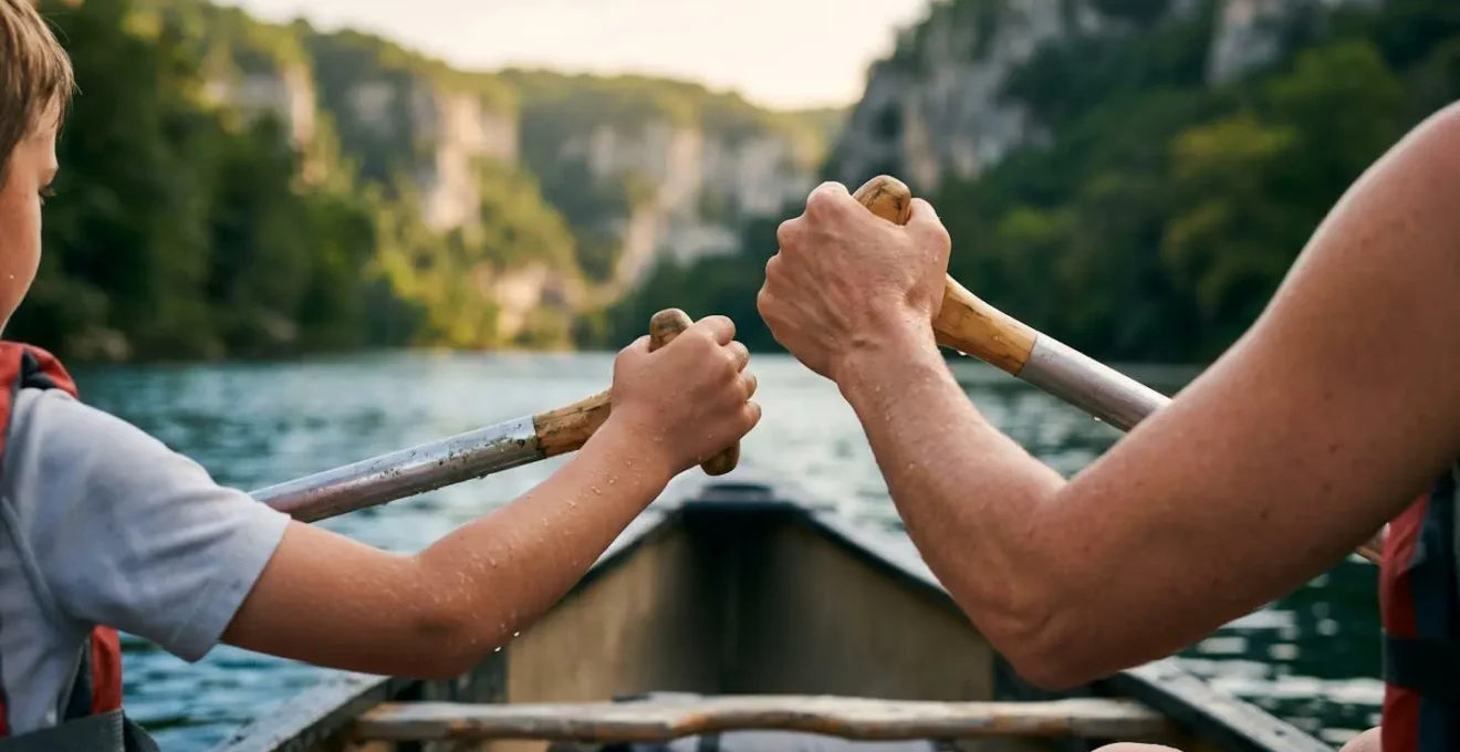 Mains d'enfants et d'adultes tenant des pagaies en position de navigation, travail d'équipe sur l'eau