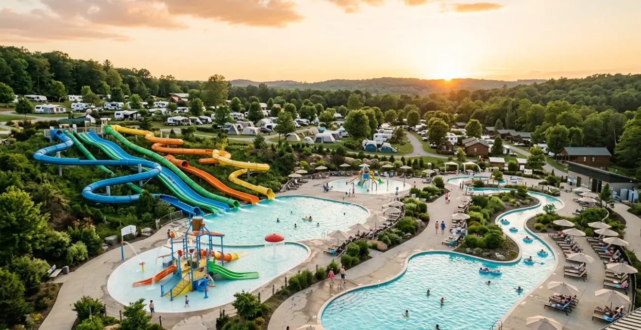 Famille avec enfants profitant d'un parc aquatique dans un camping avec toboggans colorés