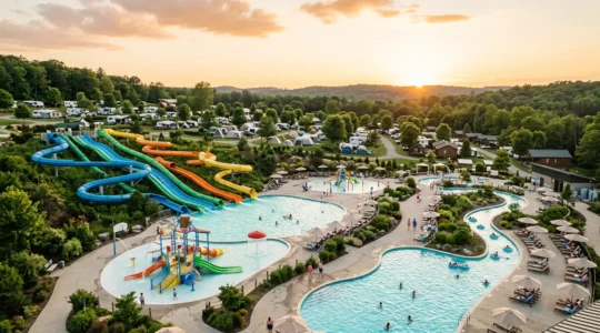 Famille avec enfants profitant d'un parc aquatique dans un camping avec toboggans colorés