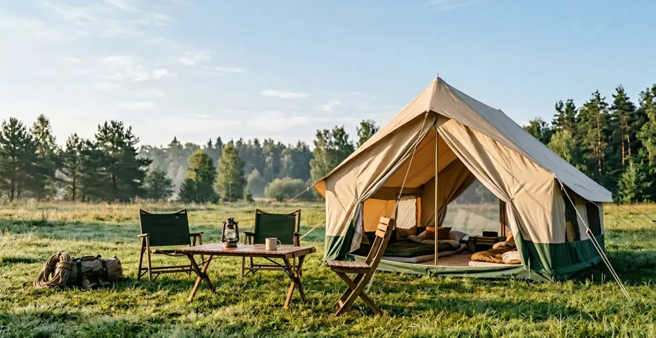 Famille de quatre personnes profitant de l'espace devant une grande tente familiale moderne et confortable lors d'un séjour camping