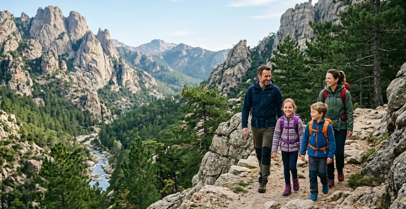 Famille avec enfants en randonnée dans les gorges de montagne corses en toute sécurité