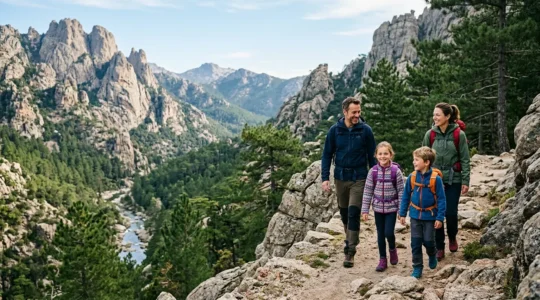 Famille avec enfants en randonnée dans les gorges de montagne corses en toute sécurité
