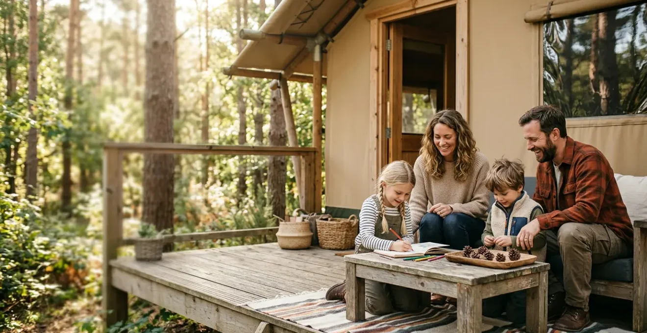 Famille profitant d'un séjour en tente lodge avec enfants dans un camping en pleine nature