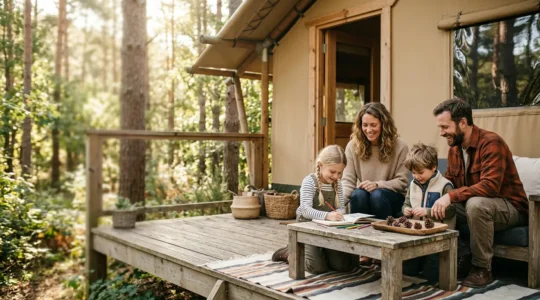Famille profitant d'un séjour en tente lodge avec enfants dans un camping en pleine nature