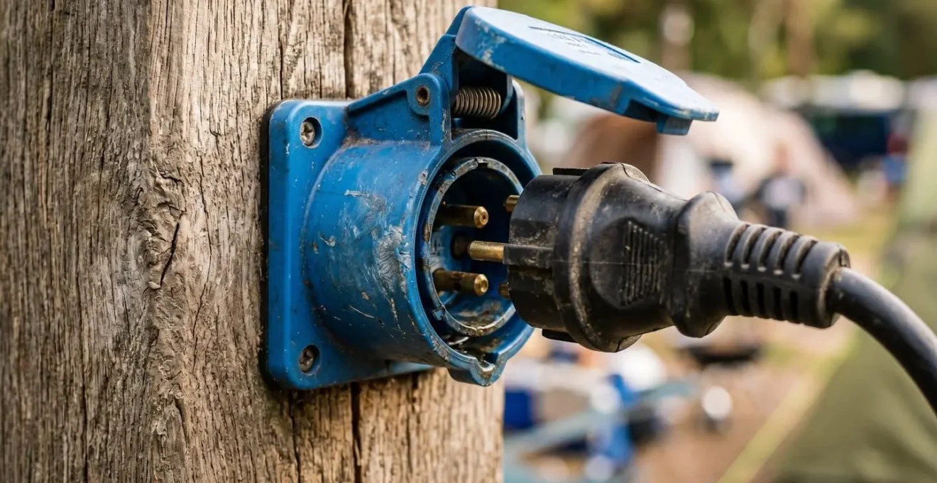 Gros plan sur un compteur électrique de camping et des équipements de branchement illustrant les frais supplémentaires