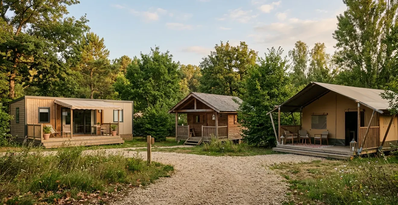 Vue d'ensemble photographique de différents types d'hébergements de camping dans un environnement naturel verdoyant