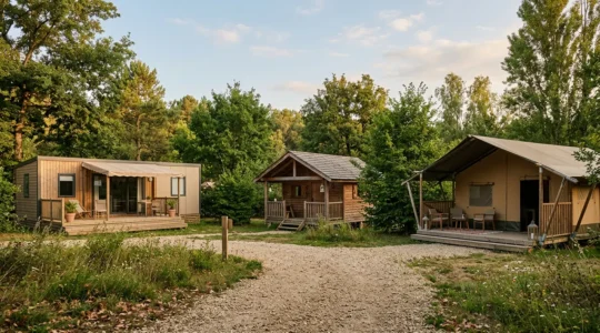 Vue d'ensemble photographique de différents types d'hébergements de camping dans un environnement naturel verdoyant