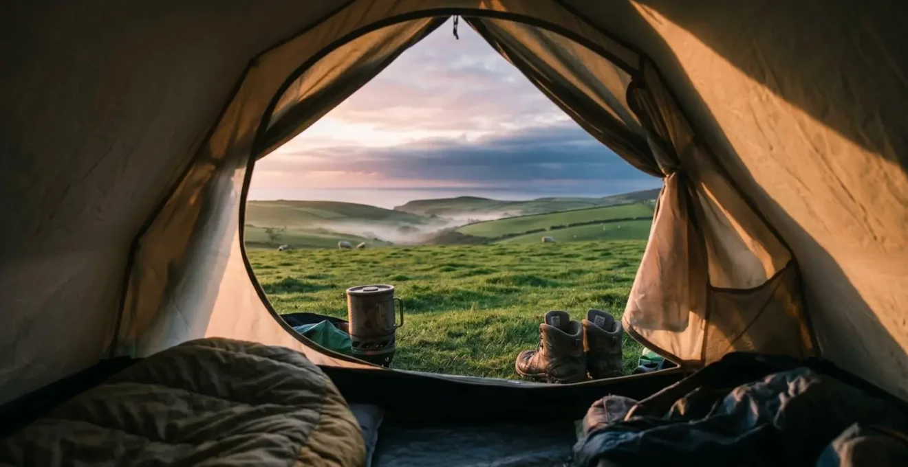 Vue intimiste depuis l'intérieur d'une tente de camping ouverte sur un paysage irlandais au petit matin avec rosée et brume légère
