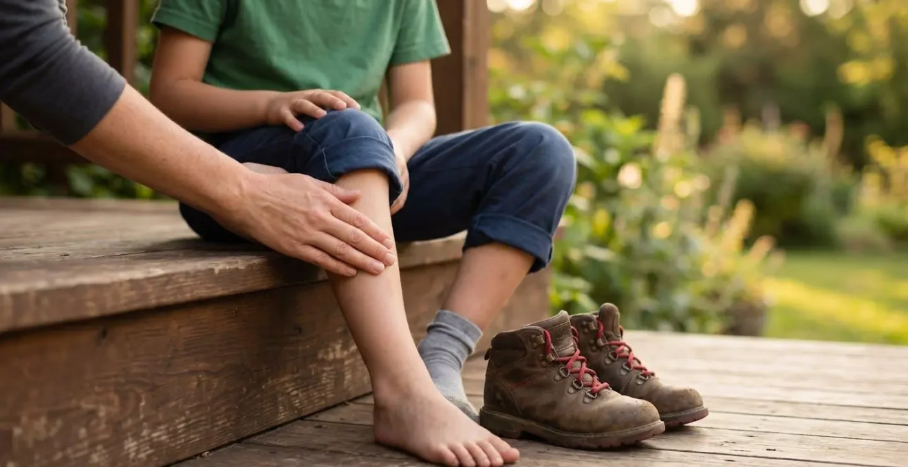 Scène symbolique de prévention des tiques après une balade en forêt avec enfants