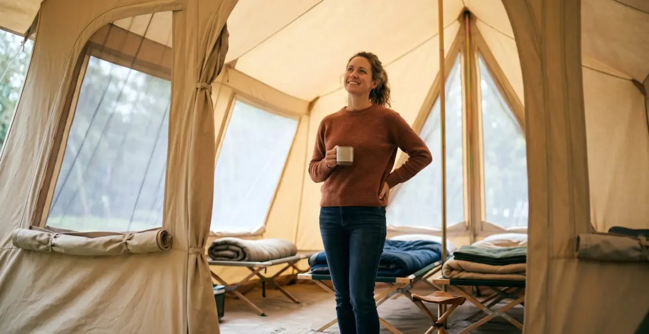 Intérieur lumineux d'une tente familiale moderne montrant la hauteur sous plafond généreuse et l'espace de vie confortable