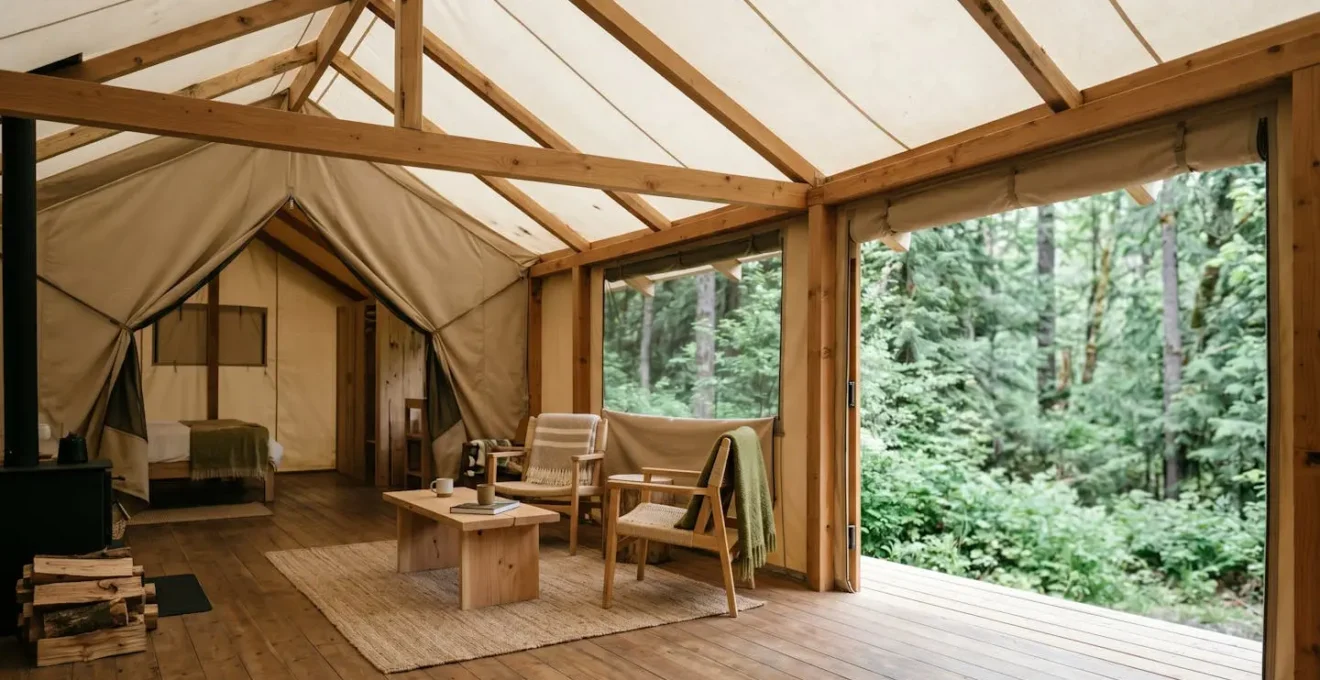 Intérieur chaleureux d'une tente lodge avec structure en bois et lumière naturelle filtrante