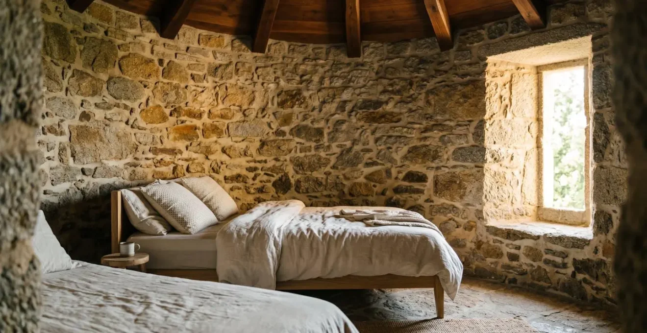 Chambre circulaire authentique dans une tour génoise rénovée avec murs en pierre apparente et mobilier contemporain minimaliste