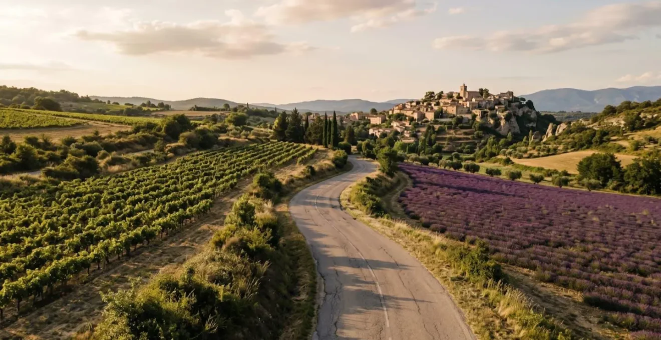 Représentation visuelle stylisée d'une route thématique provençale serpentant à travers des paysages variés