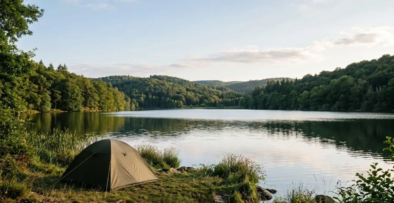 Tente de camping installee au bord d'un lac paisible entoure de forets verdoyantes sous une lumiere douce de fin de journee