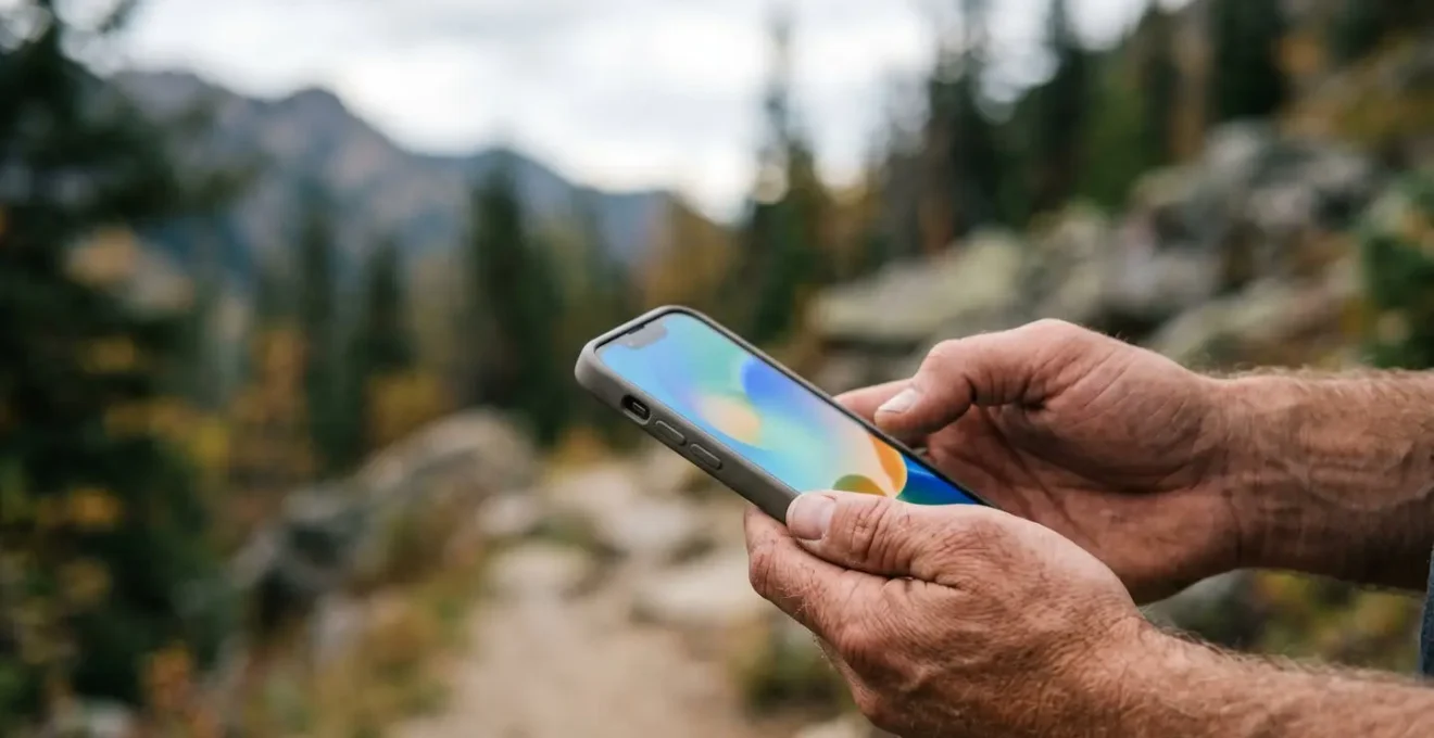 Gros plan sur des mains tenant un smartphone avec une application de randonnée en montagne
