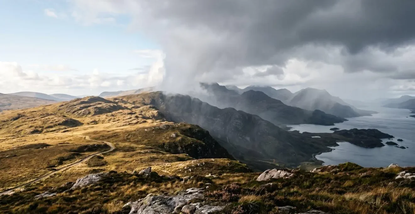 Paysage écossais montrant le contraste entre côte est ensoleillée et ouest brumeuse