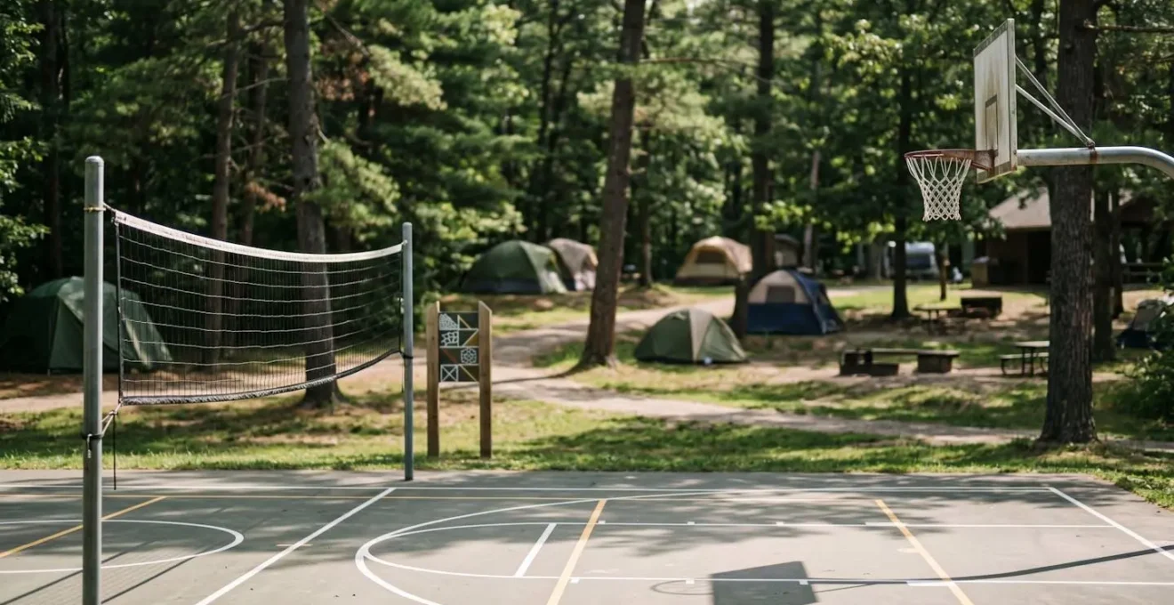 Infrastructure sportive gratuite d'un camping avec terrains multisports et espaces de jeux familiaux
