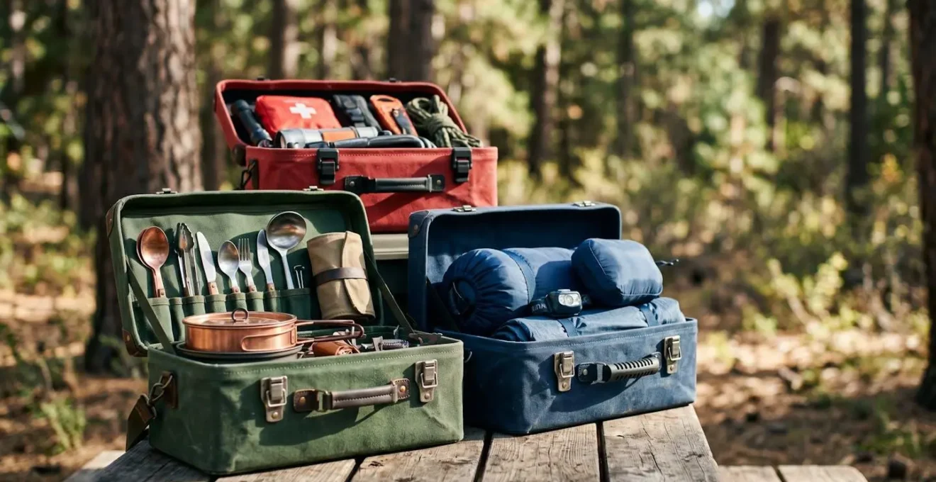 Organisation modulaire de l'équipement de camping par catégories avec système de rangement