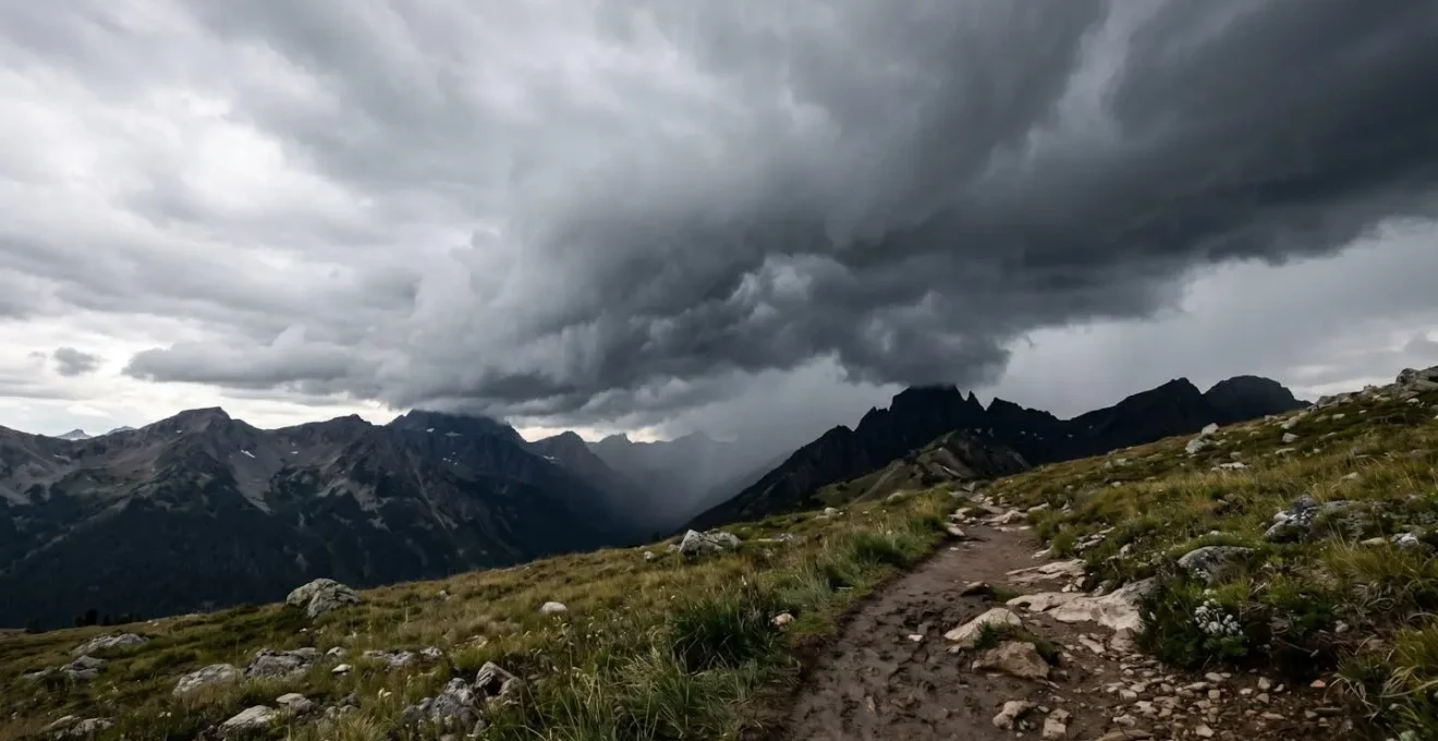 Ciel menaçant avec nuages d'orage s'approchant au-dessus d'un sentier de montagne