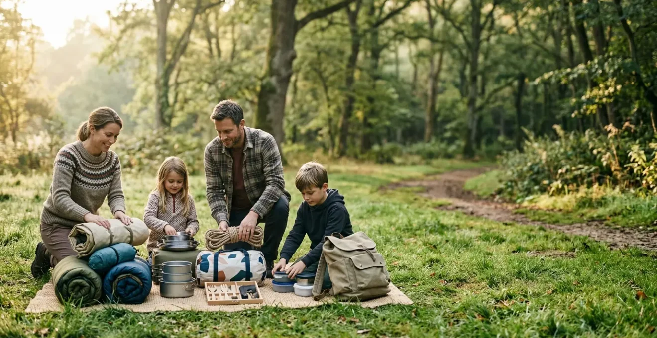 Planification de vacances en camping avec une famille détendue préparant ses affaires dans un environnement naturel
