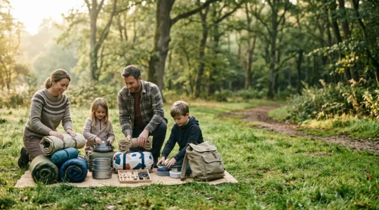 Planification de vacances en camping avec une famille détendue préparant ses affaires dans un environnement naturel