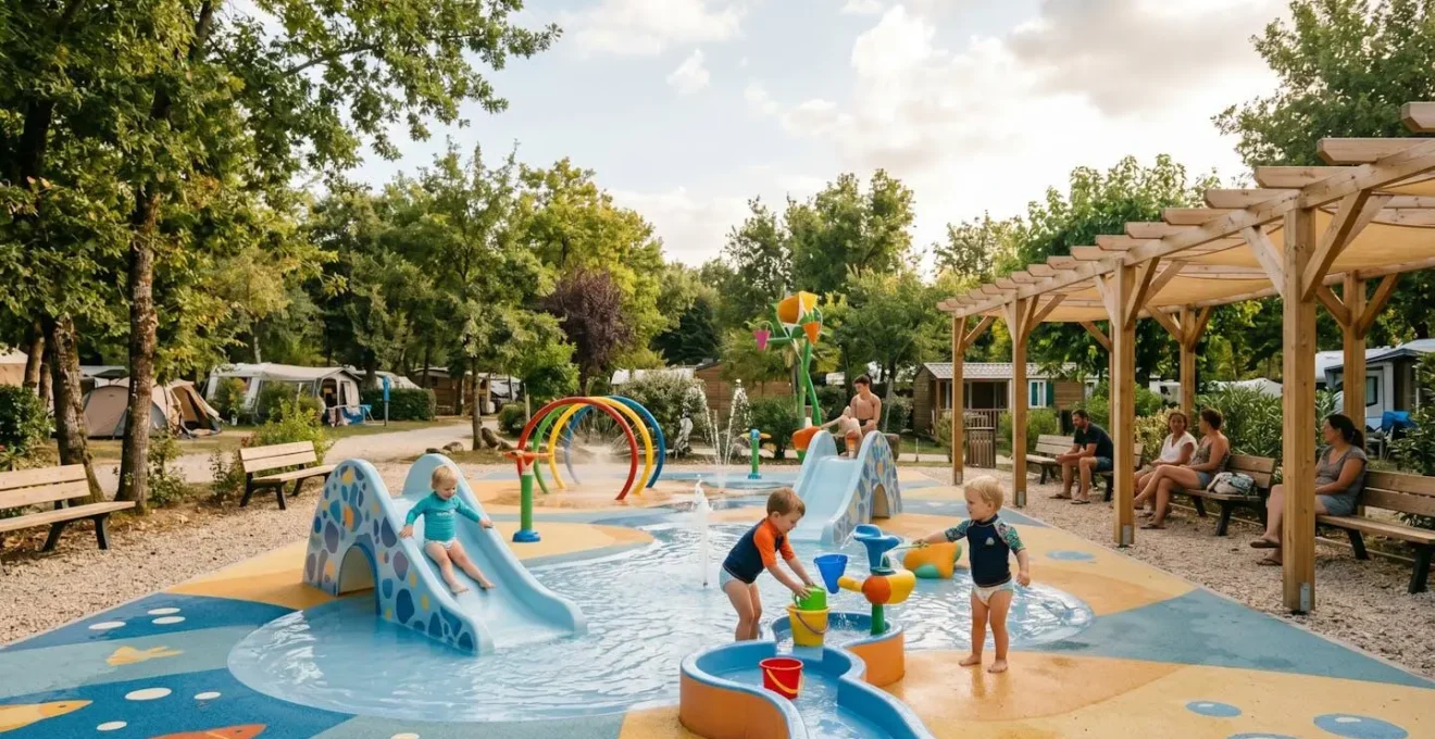 Pataugeoire colorée avec jeux d'eau adaptés aux tout-petits dans un camping familial