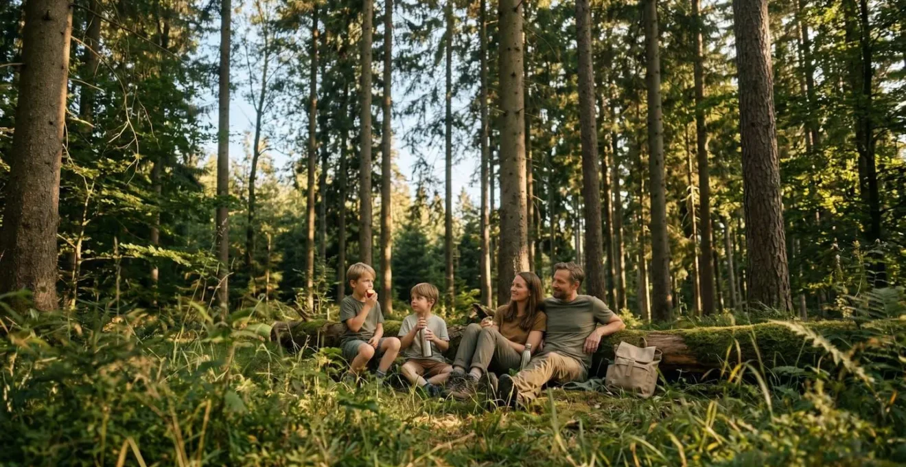 Une famille faisant une pause goûter contemplative dans une clairière ensoleillée en forêt