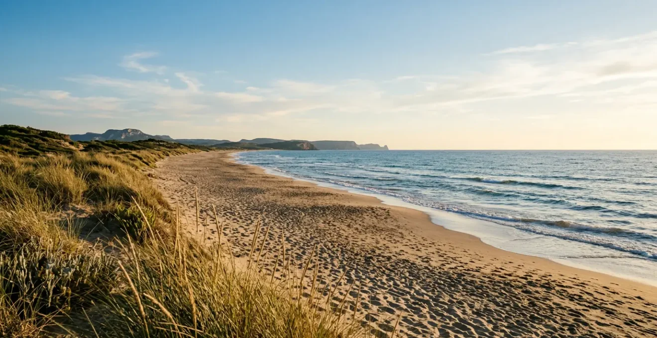 Large plage de sable fin méditerranéenne sous le soleil du Languedoc, parfaite pour des vacances en famille