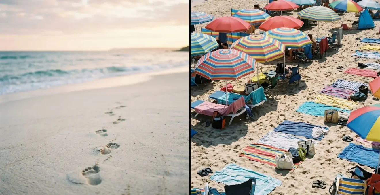 Contraste saisissant entre une plage calme à l'aube et la même plage bondée l'après-midi