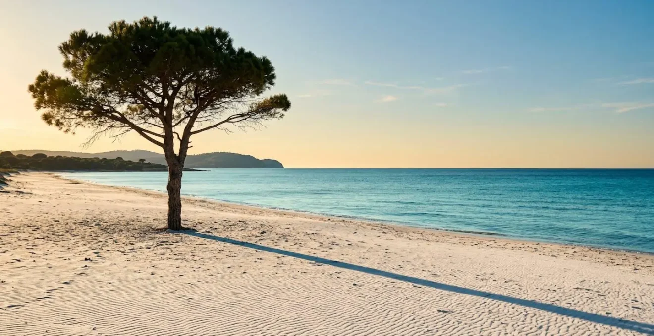 Ambiance paisible d'une plage méditerranéenne en début de saison avec végétation préservée et eau calme