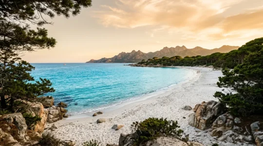 Vue panoramique des plages de Porto-Vecchio avec sable blanc et eau turquoise en Corse du Sud