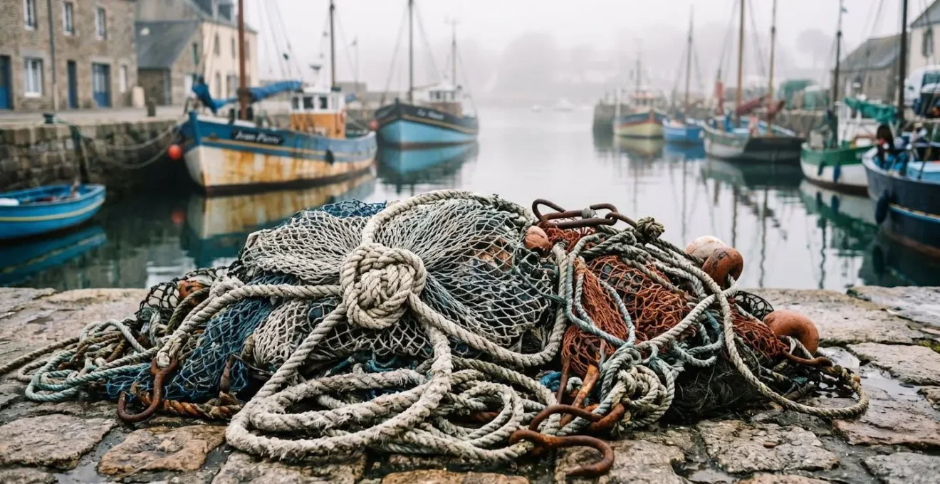 Petit port de pêche breton au lever du soleil, bateaux colorés amarrés, filets empilés sur le quai, atmosphère calme et authentique
