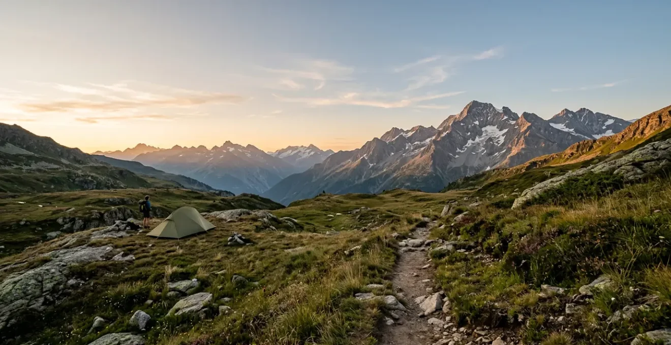 Vue panoramique sur un sentier de randonnée en montagne avec un camping installé au premier plan