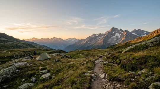 Vue panoramique sur un sentier de randonnée en montagne avec un camping installé au premier plan