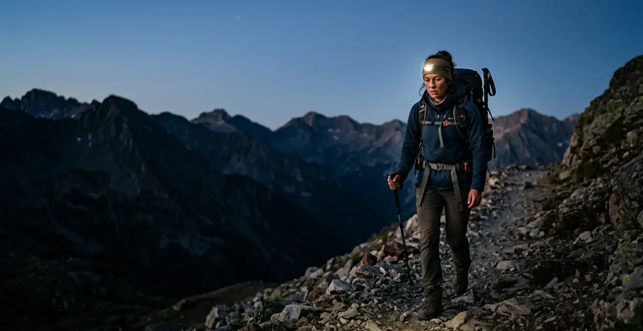 Randonneur équipé d'une lampe frontale progressant sur un sentier de montagne au crépuscule