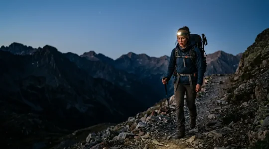 Randonneur équipé d'une lampe frontale progressant sur un sentier de montagne au crépuscule