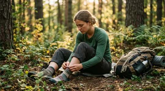 Randonneur inspectant sa jambe à la recherche de tiques après une randonnée en forêt