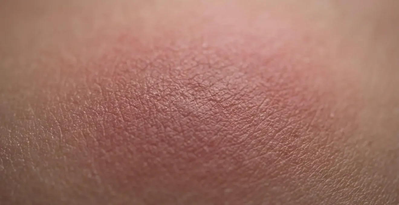 Gros plan macro sur une surface de peau présentant une réaction inflammatoire locale avec rougeur et relief