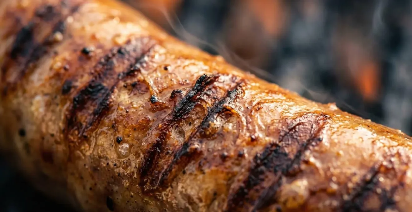 Macro détail des marques de grill dorées sur une saucisse fumante avec textures caramélisées