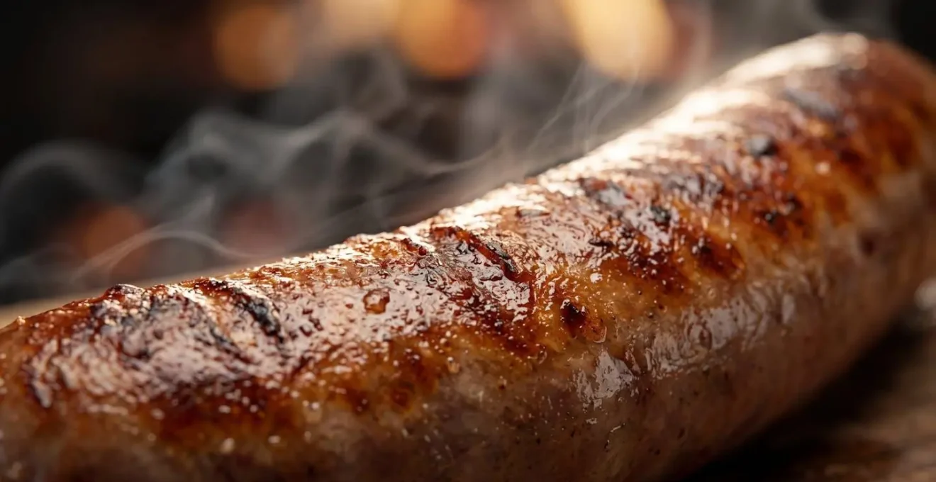 Gros plan macro d'une saucisse en train de griller sur un barbecue avec fumée visible