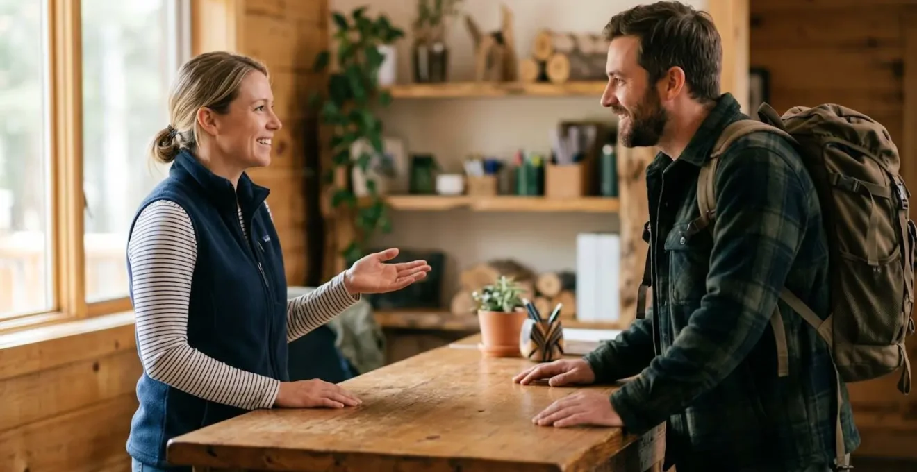 Interaction chaleureuse entre campeur et réceptionniste à l'accueil d'un camping